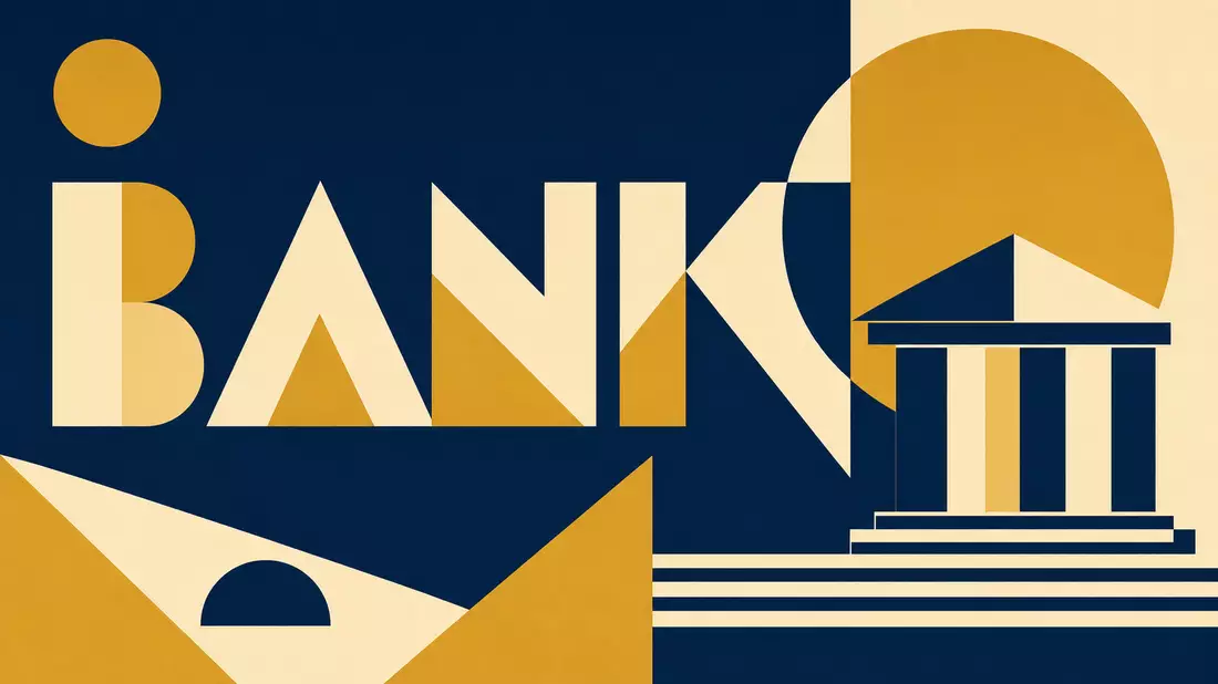 Bauhaus-Poster mit geometrischen Formen und Schriftzug BANK