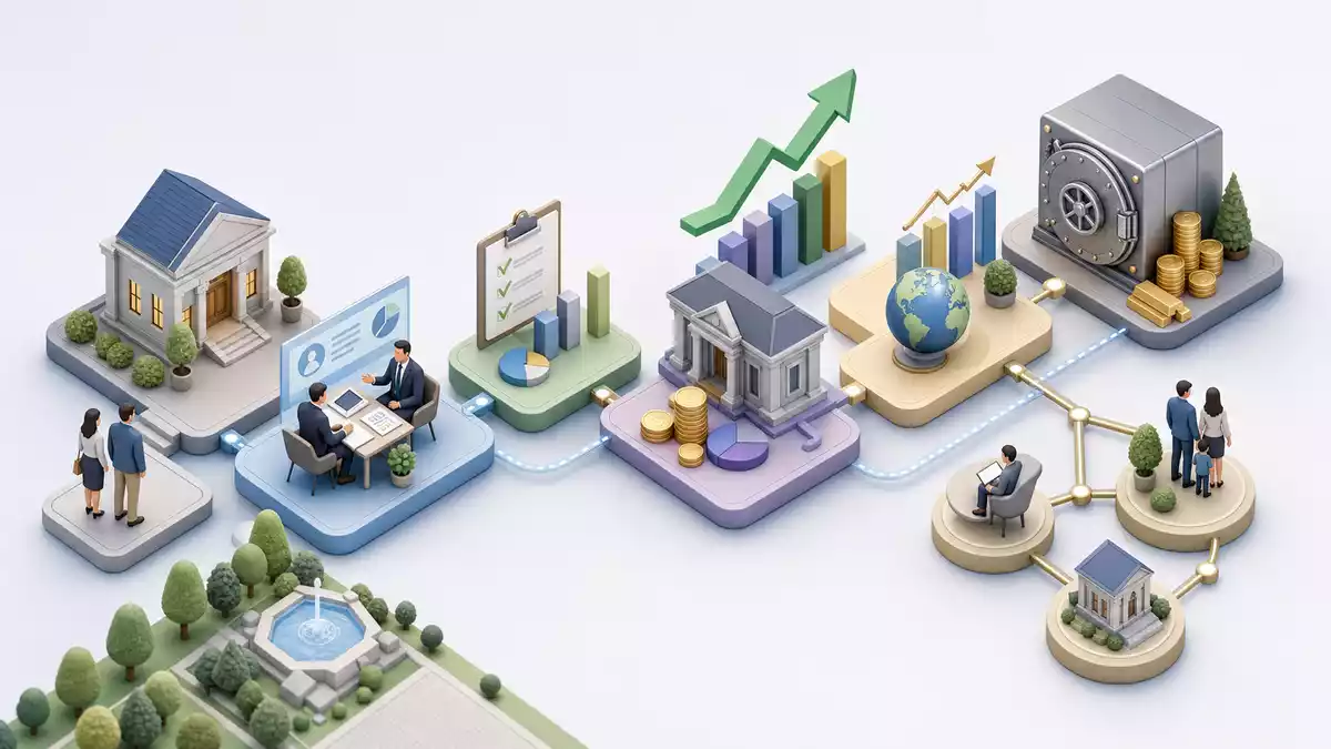 Isometrische 3D-Grafik der Wertschöpfungskette einer Vermögensverwaltung