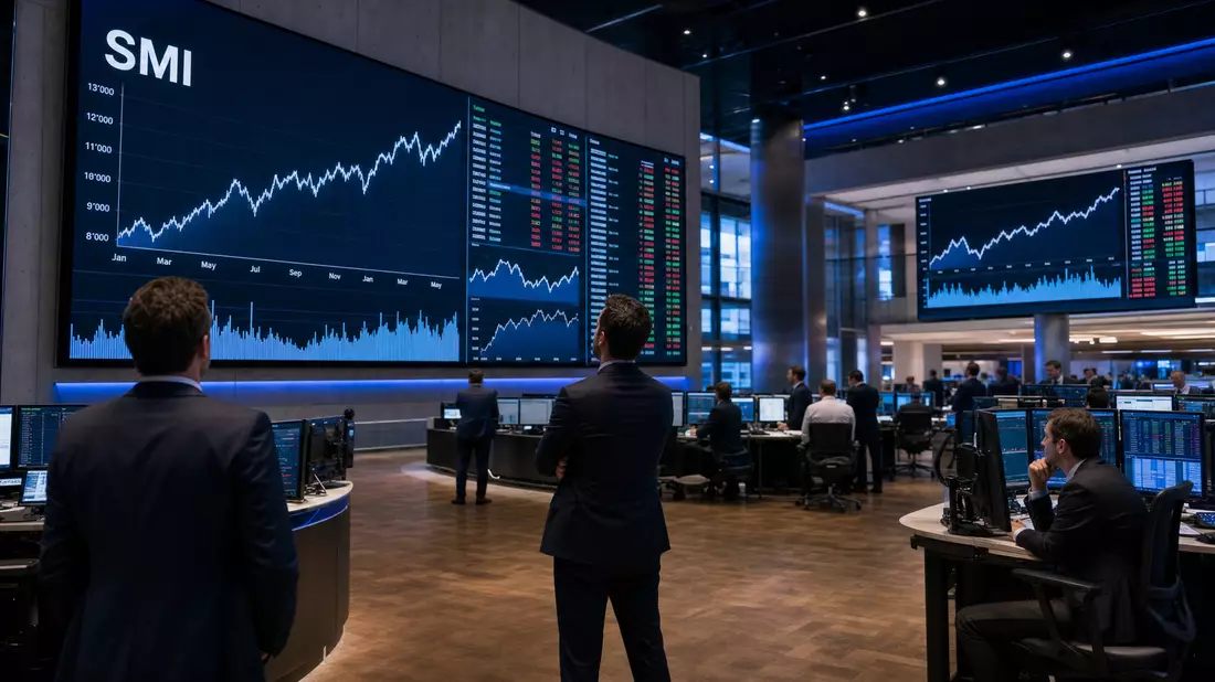 Trading-Floor mit Bildschirmen, SMI-Charts und Analysten in Anzügen