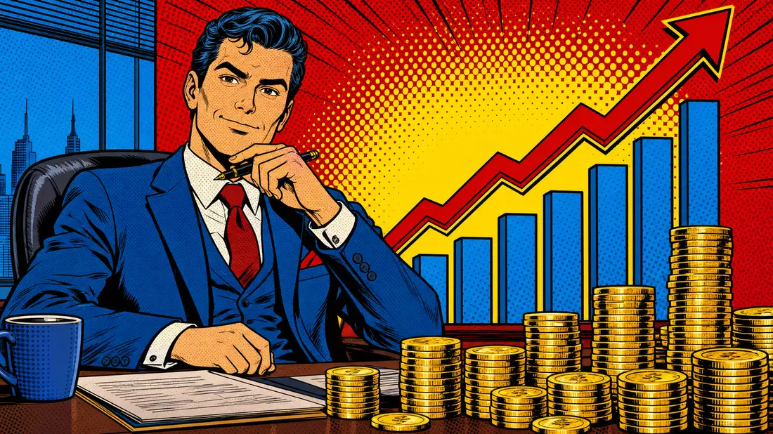 Pop-Art-Comic eines Bankers mit Münzstapeln und Wachstumschart