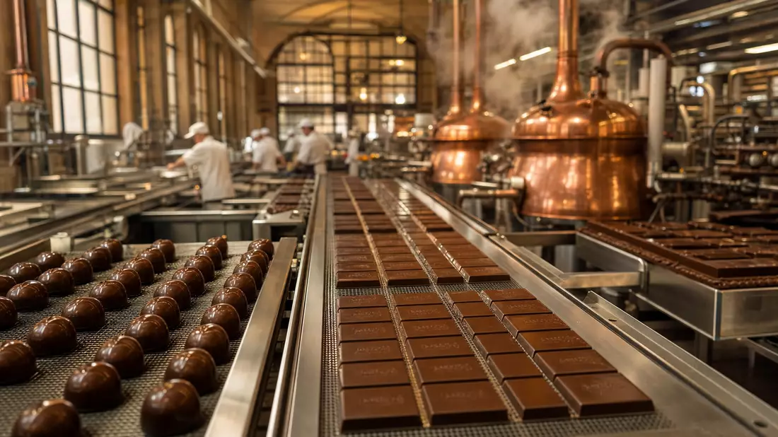 Fotorealistische Schokoladenfabrik mit Pralinen auf Förderband und Kupferkesseln