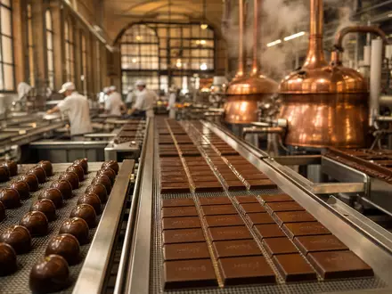 Chocoladefabriken Lindt & Sprüngli AG (CH0010570759) zeigt Produktionshalle mit glänzenden Pralinen auf Förderbändern und Kupferkesseln - Foto: THN