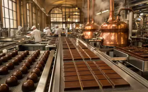 Chocoladefabriken Lindt & Sprüngli AG (CH0010570759) zeigt Produktionshalle mit glänzenden Pralinen auf Förderbändern und Kupferkesseln - Foto: THN