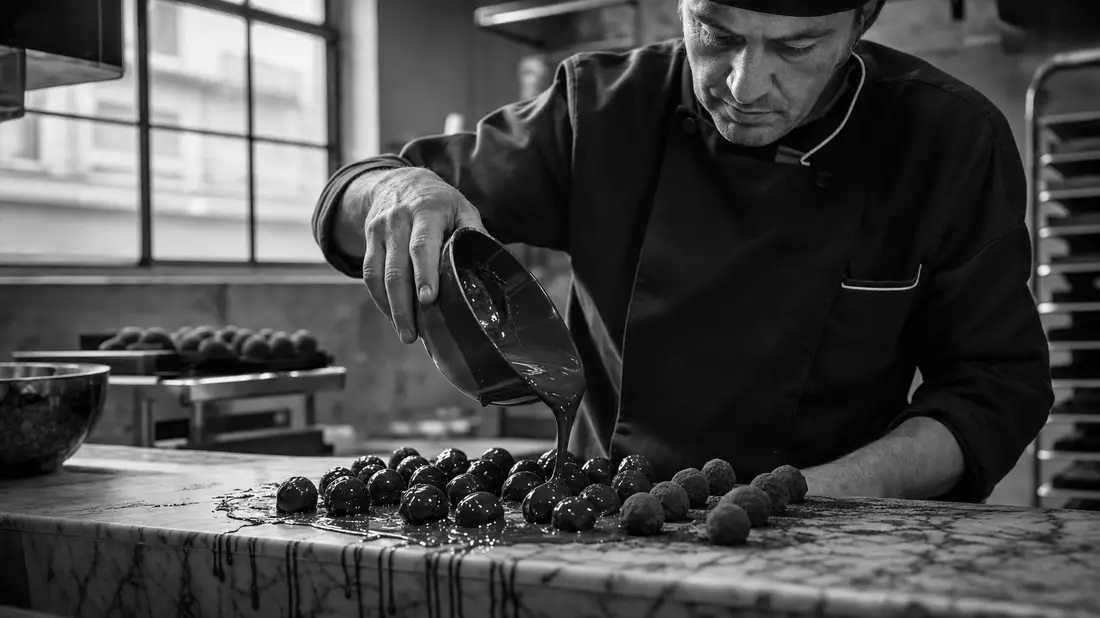 Schwarzweiß-Reportagefoto eines Chocolatiers beim Übergießen von Trüffeln