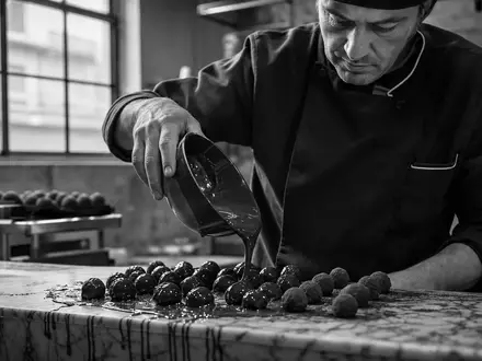 Chocoladefabriken Lindt & Sprüngli AG (CH0010570759) dokumentiert Handwerker beim Übergießen von Trüffeln in Schwarzweiß-Reportage - Foto: THN