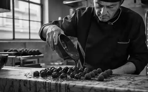 Chocoladefabriken Lindt & Sprüngli AG (CH0010570759) dokumentiert Handwerker beim Übergießen von Trüffeln in Schwarzweiß-Reportage - Foto: THN