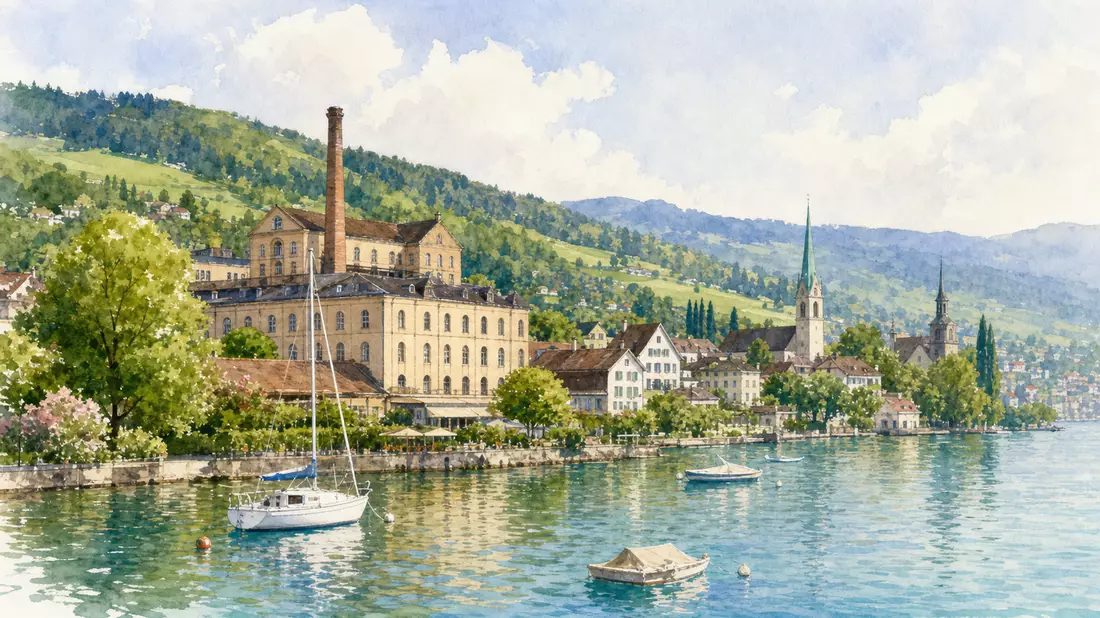 Aquarellmalerei eines Schweizer Seeufers mit historischem Fabrikgebäude