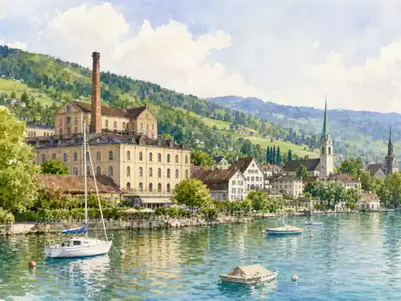 Chocoladefabriken Lindt & Sprüngli AG (CH0010570759) inspiriert Aquarellbild vom Zürichsee mit historischem Fabrikgebäude und Booten - Foto: THN