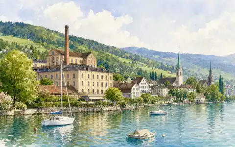 Chocoladefabriken Lindt & Sprüngli AG (CH0010570759) inspiriert Aquarellbild vom Zürichsee mit historischem Fabrikgebäude und Booten - Foto: THN