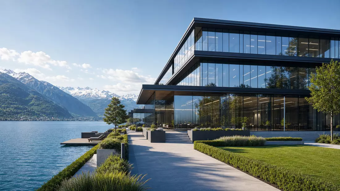 Architektur-Render eines modernen Glasgebäudes vor Alpenkulisse am See