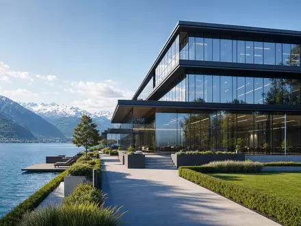 Chocoladefabriken Lindt & Sprüngli AG (CH0010570759) präsentiert modernen Architektur-Render eines Glasgebäudes am Alpensee - Foto: THN