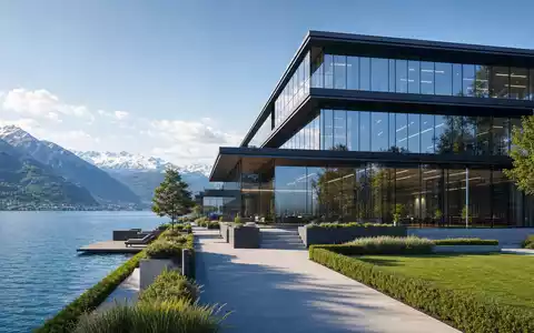Chocoladefabriken Lindt & Sprüngli AG (CH0010570759) präsentiert modernen Architektur-Render eines Glasgebäudes am Alpensee - Foto: THN