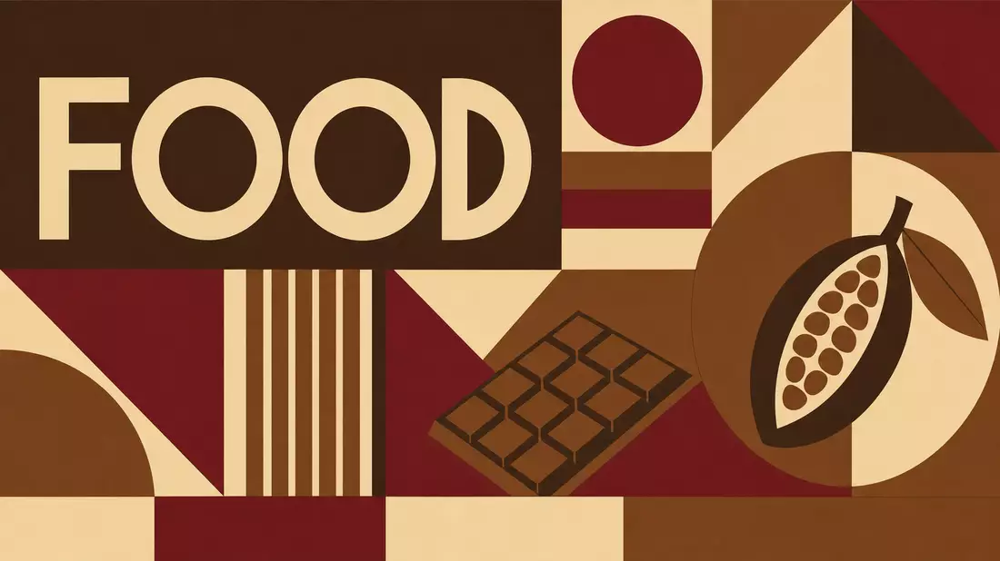 Bauhaus-Poster mit geometrischen Formen, Schokoladentafel und Kakaobohnen-Motiv