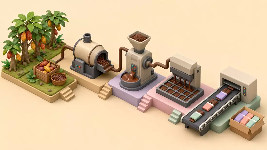 Isometrisches 3D-Diagramm der Schokoladenproduktion von Kakaobohne bis Verpackung