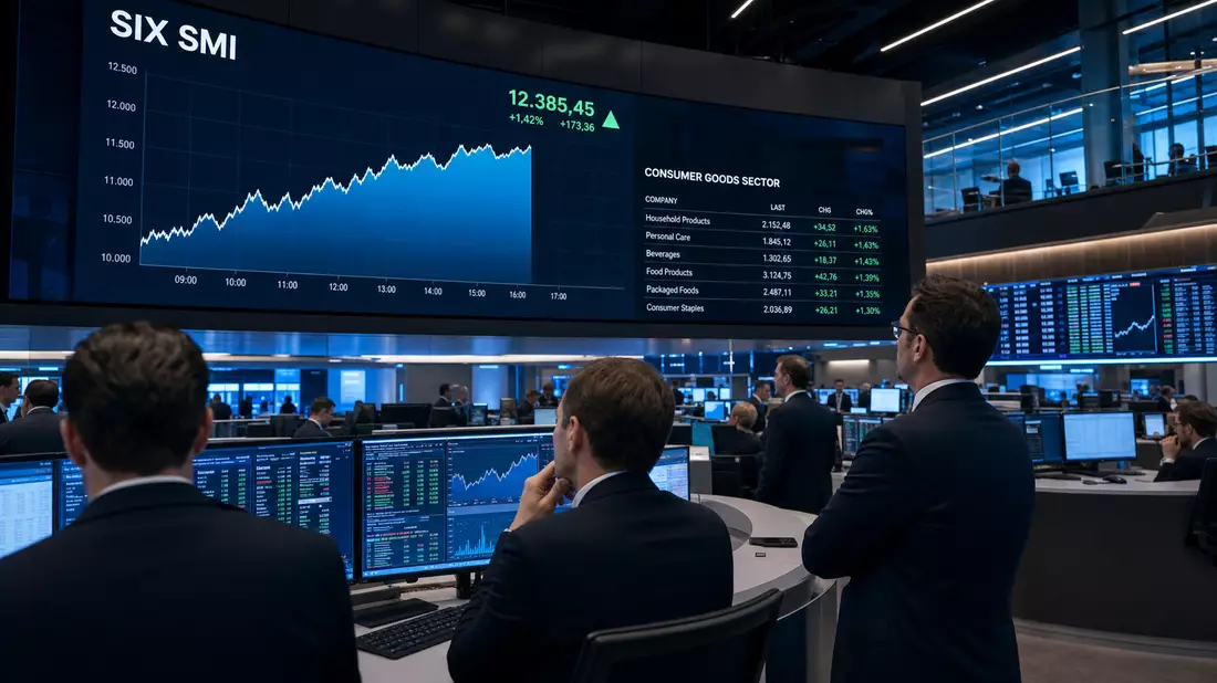 Börsen-Editorialfoto vom SIX-Handelssaal mit Charts zum Konsumgütersektor