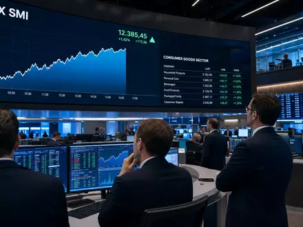 Chocoladefabriken Lindt & Sprüngli AG (CH0010570759) dargestellt am SIX-Handelssaal mit Konsumgüter-Sektor-Charts und Kursanzeigen - Foto: THN