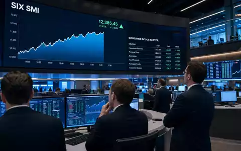 Chocoladefabriken Lindt & Sprüngli AG (CH0010570759) dargestellt am SIX-Handelssaal mit Konsumgüter-Sektor-Charts und Kursanzeigen - Foto: THN