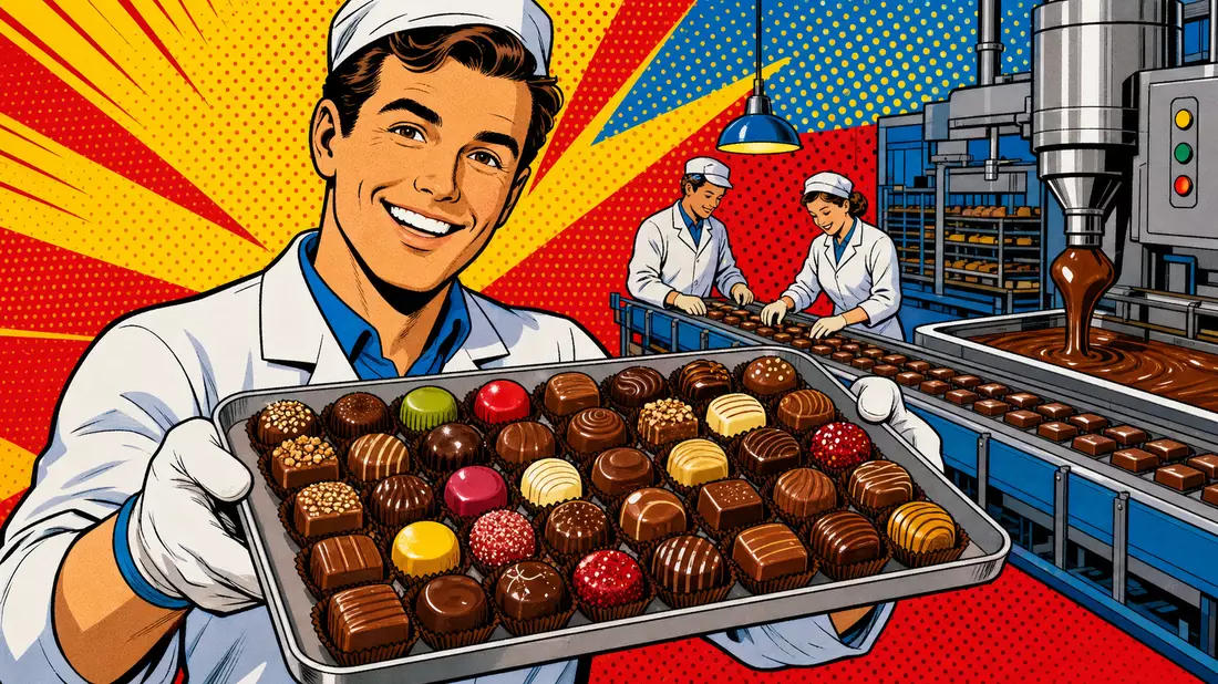 Pop-Art-Comic mit lächelndem Fabrikarbeiter und Tablett voller bunter Pralinen