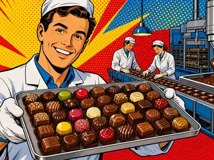 Chocoladefabriken Lindt & Sprüngli AG (CH0010570759) inszeniert farbenfrohe Pop-Art-Comic-Szene mit lächelndem Fabrikarbeiter und Pralinen - Foto: THN