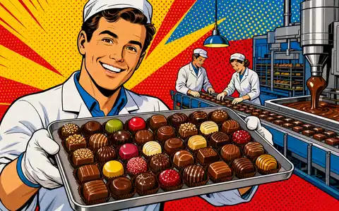 Chocoladefabriken Lindt & Sprüngli AG (CH0010570759) inszeniert farbenfrohe Pop-Art-Comic-Szene mit lächelndem Fabrikarbeiter und Pralinen - Foto: THN