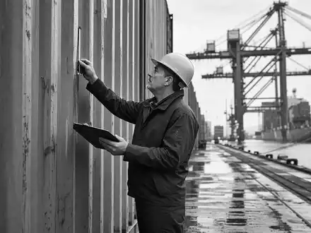 Schwarzweiß-Reportage zeigt Hafeninspektor bei Containerkontrolle, symbolisch für SGS S.A., ISIN CH0002497458, Prüfdienstleister - Foto: THN