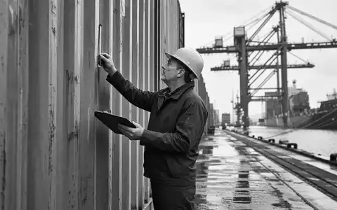Schwarzweiß-Reportage zeigt Hafeninspektor bei Containerkontrolle, symbolisch für SGS S.A., ISIN CH0002497458, Prüfdienstleister - Foto: THN