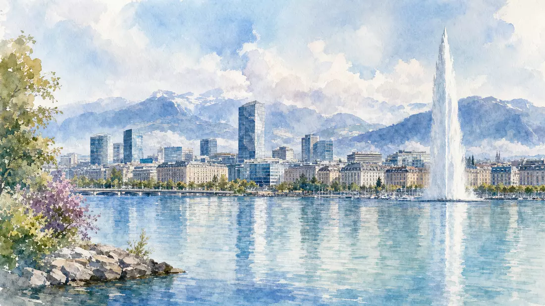 Aquarell von Genf mit Jet d'Eau, Sitz von SGS S.A. CH0002497458