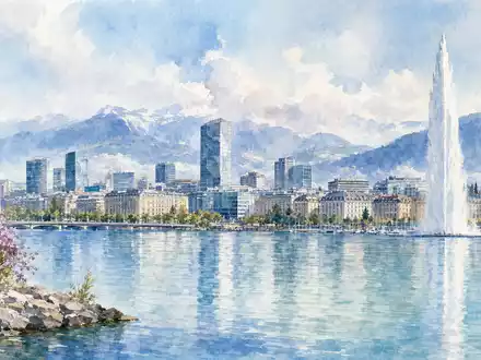 Aquarellmalerei der Genfer Skyline symbolisiert Hauptsitz von SGS S.A., Prüfkonzern mit ISIN CH0002497458 - Foto: THN