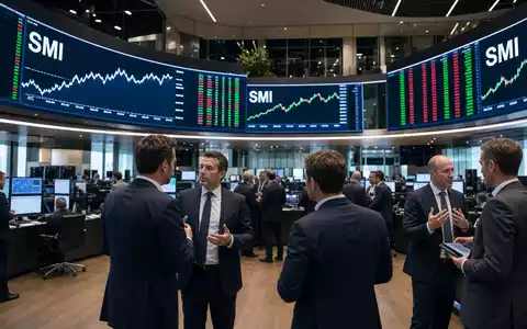 Börsen-Editorial mit SMI-Kurstafeln und Händlern symbolisiert die Kotierung von SGS S.A., ISIN CH0002497458 - Foto: THN