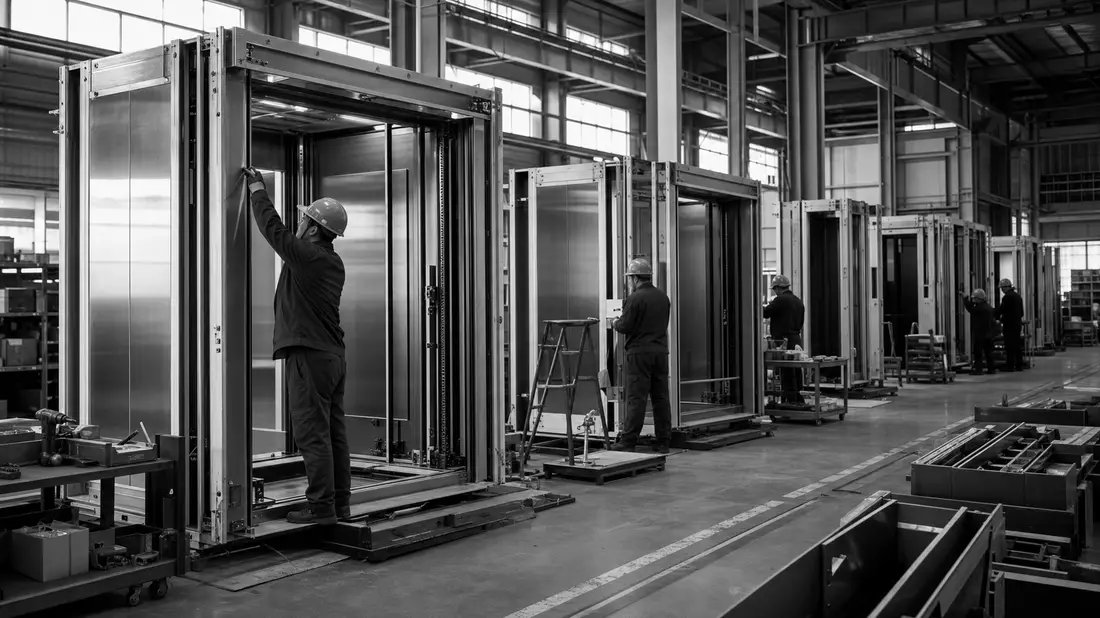 Schwarzweißfoto von Arbeitern bei der Montage von Aufzugkabinen in Fabrikhalle