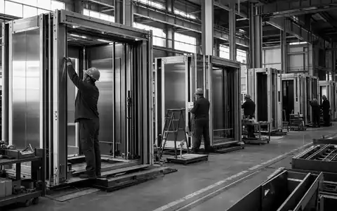 Schindler Holding AG (ISIN CH0024638196) präsentiert Schwarzweiß-Reportage einer Fabrikhalle mit Aufzugkabinen-Montage durch Arbeiter - Foto: THN