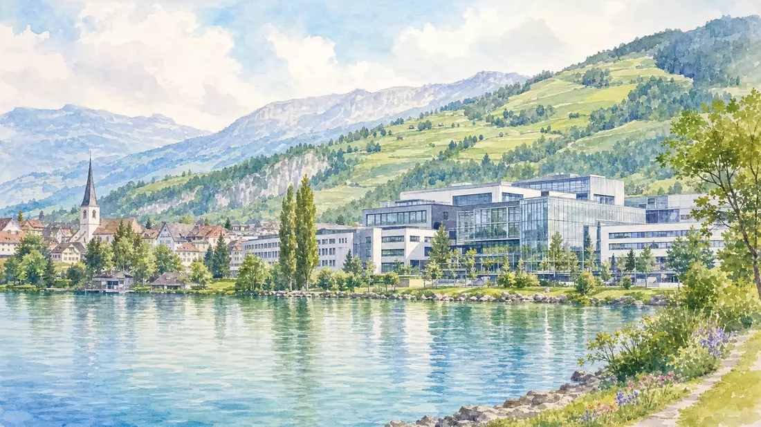 Aquarellbild einer Schweizer Seestadt mit modernem Gebäudekomplex und Bergen