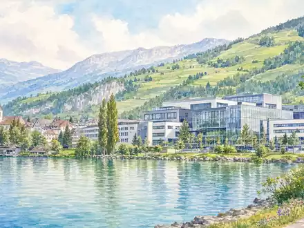 Schindler Holding AG (ISIN CH0024638196) zeigt Aquarellmalerei einer Schweizer Seestadt mit Firmensitz und grünen Hügeln - Foto: THN