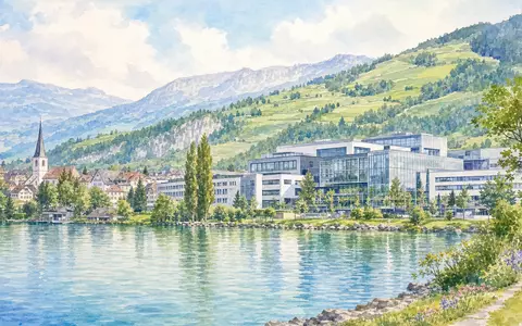 Schindler Holding AG (ISIN CH0024638196) zeigt Aquarellmalerei einer Schweizer Seestadt mit Firmensitz und grünen Hügeln - Foto: THN