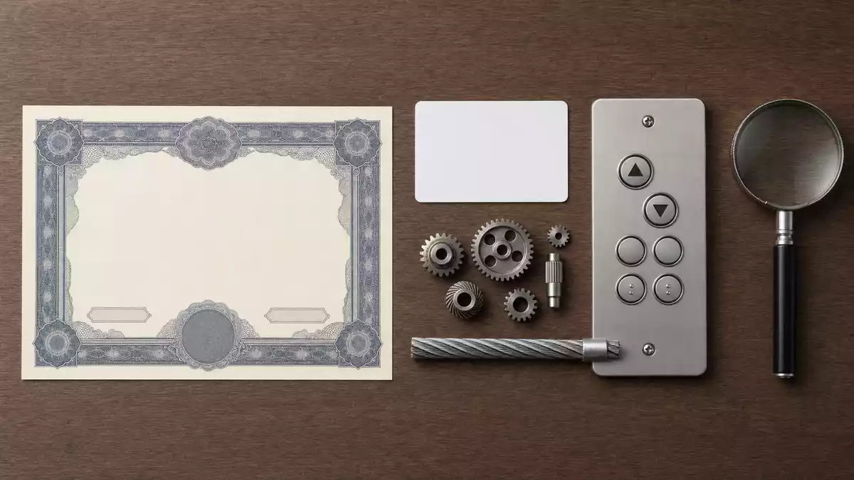 Flatlay mit Aktienzertifikat, Zahnrädern und Aufzugtastenfeld auf Holzuntergrund