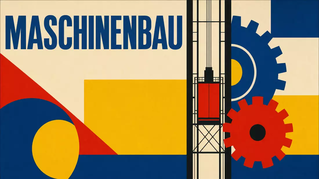 Bauhaus-Poster mit geometrischem Aufzugmotiv und Schriftzug Maschinenbau
