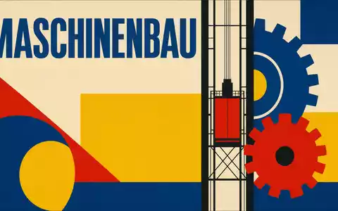 Schindler Holding AG (ISIN CH0024638196) präsentiert geometrisches Bauhaus-Poster mit Aufzugmotiv und Schriftzug MASCHINENBAU in Primärfarben - Foto: THN