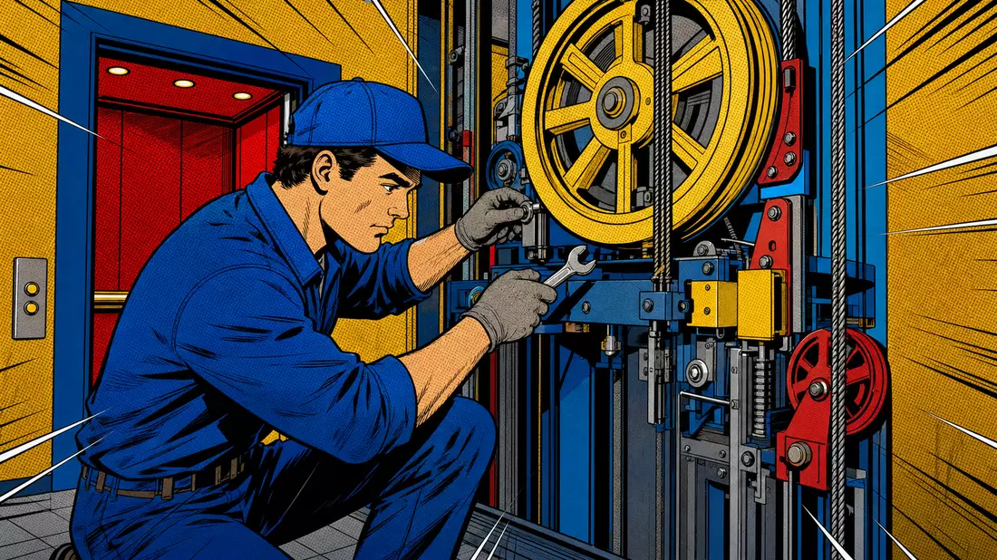 Pop-Art-Comic eines Technikers bei Wartungsarbeiten an buntem Aufzugmechanismus