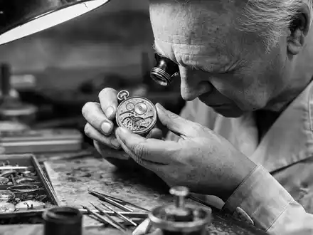 Dokumentarische Schwarzweiß-Reportage illustriert The Swatch Group AG (CH0012255151), Uhrmacher prüft mechanisches Taschenuhrwerk konzentriert - Foto: THN