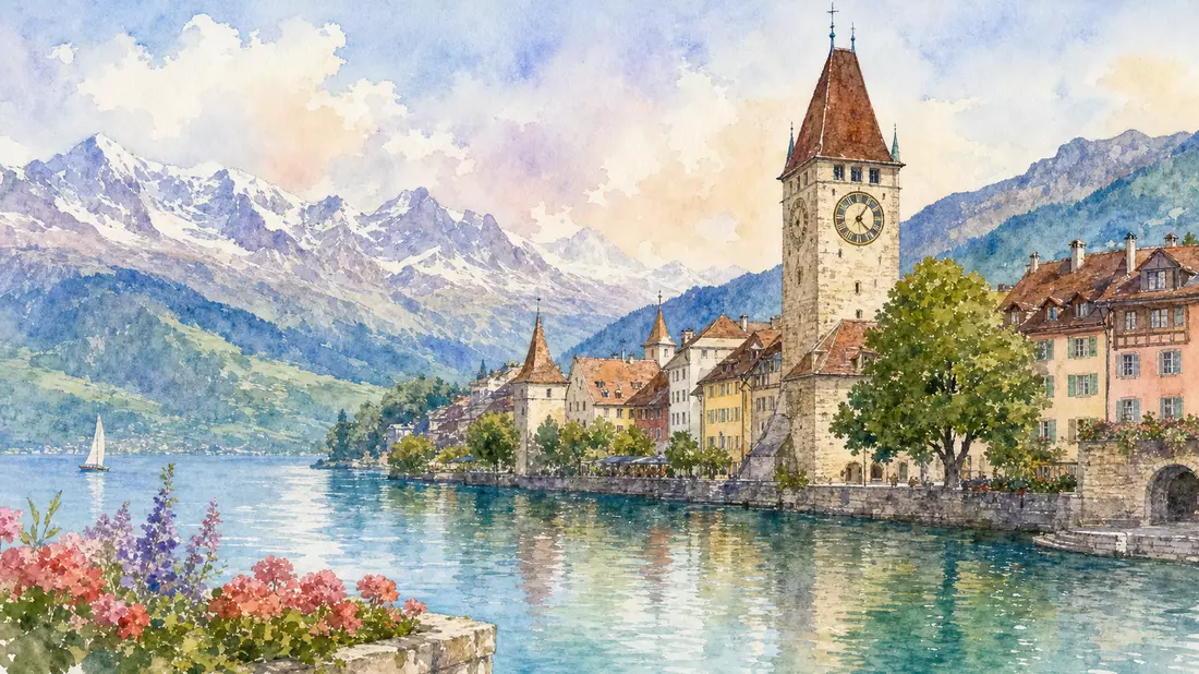 Aquarellbild einer Schweizer Seestadt mit historischem Uhrturm und Alpenpanorama