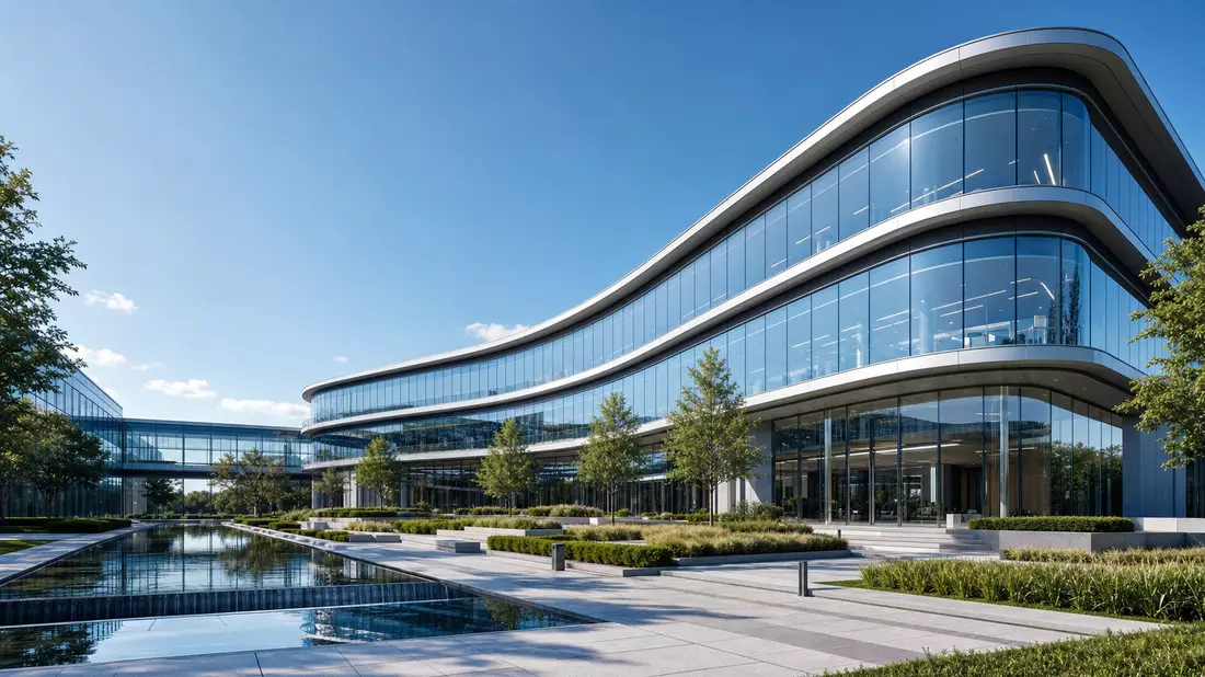 Architektur-Rendering eines modernen Glas-Firmensitzes mit Fassade