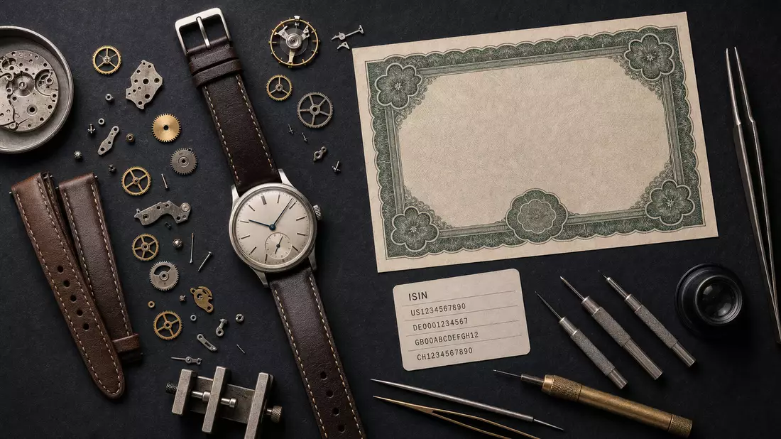 Flatlay von Uhrenteilen, Lederarmband und Aktienzertifikat auf dunklem Untergrund