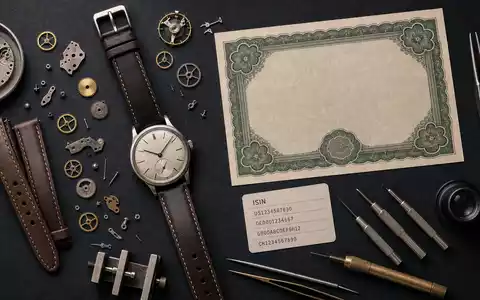 Flatlay-Arrangement mit Uhrenteilen und Aktienzertifikat veranschaulicht The Swatch Group AG (CH0012255151) als börsennotierten Uhrenkonzern anschaulich - Foto: THN