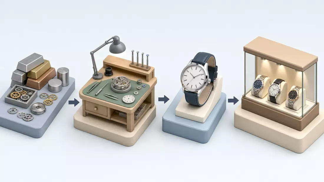Isometrische 3D-Illustration der Wertschöpfungskette bis zur fertigen Uhr