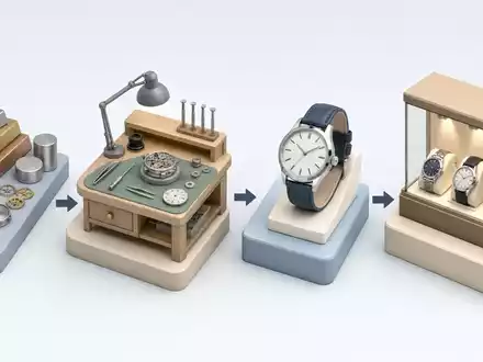 Isometrische 3D-Grafik zeigt Wertschöpfungskette von The Swatch Group AG (CH0012255151), von Rohmaterial bis Fertigware - Foto: THN
