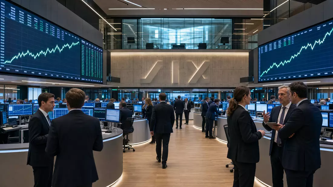 Editorial-Foto eines Handelsraums der Börse mit steigenden Aktienkursen
