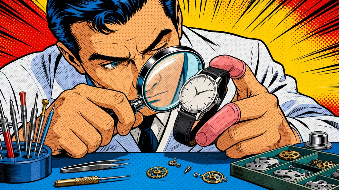 Farbenfrohe Pop-Art-Comic-Illustration eines Uhrmachers mit Lupe und Armbanduhr
