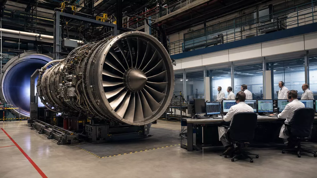 Triebwerk auf Testrig, Ingenieure an Monitoren, Rolls-Royce Holdings plc GB00B63H8491