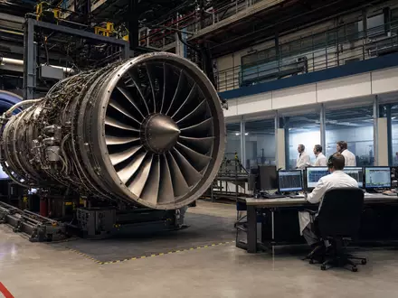Rolls-Royce Holdings plc (GB00B63H8491): Ingenieure überwachen ein großes Turbofan-Triebwerk auf modernem Testrig in Prüfhalle - Foto: THN