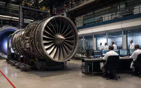 Rolls-Royce Holdings plc (GB00B63H8491): Ingenieure überwachen ein großes Turbofan-Triebwerk auf modernem Testrig in Prüfhalle - Foto: THN